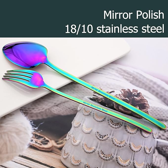 36-piece Rainbow 18/10 Stainless Steel Flatware Set, Resuable Cutlery Set For 6, Complete Tableware Set For Home Restaurant Wedding Party Daily Meal, Mirror Polish