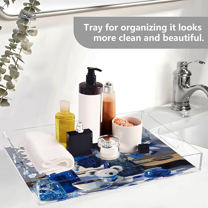 Serving Tray with Handles Clear Acrylic Tray 12x16 Inch Decorative Rectangular Tray Organizer for Ottoman Coffee Table Bathroom Koala Rose Coffee Blue