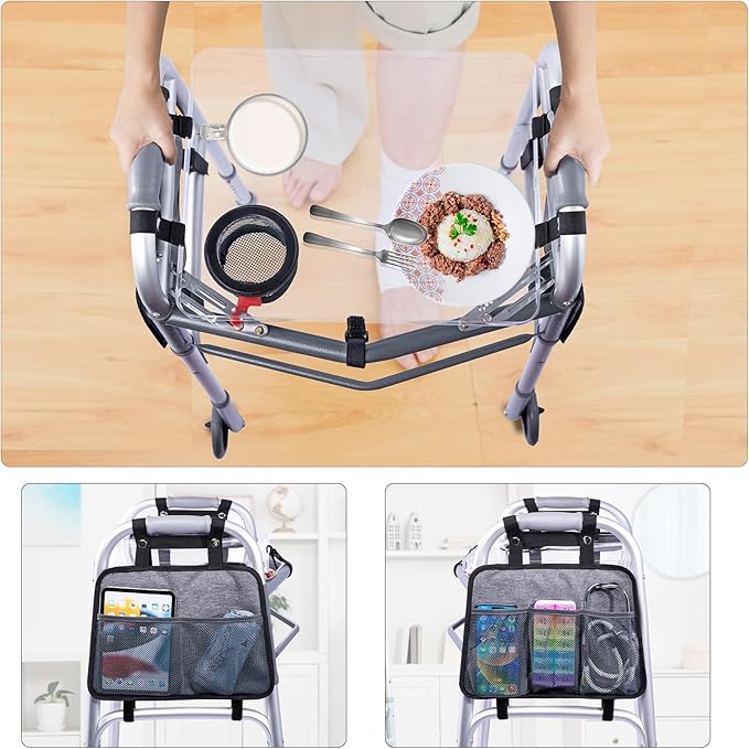 BAGSFY Clear View Walker Tray with Cup Holder & Side Pockets, Transparent Folding Walker Table for Seniors, 8.8lbs Load-Bearing Sturdy PP Tray, Universal Fit Walker Accessory for Elderly