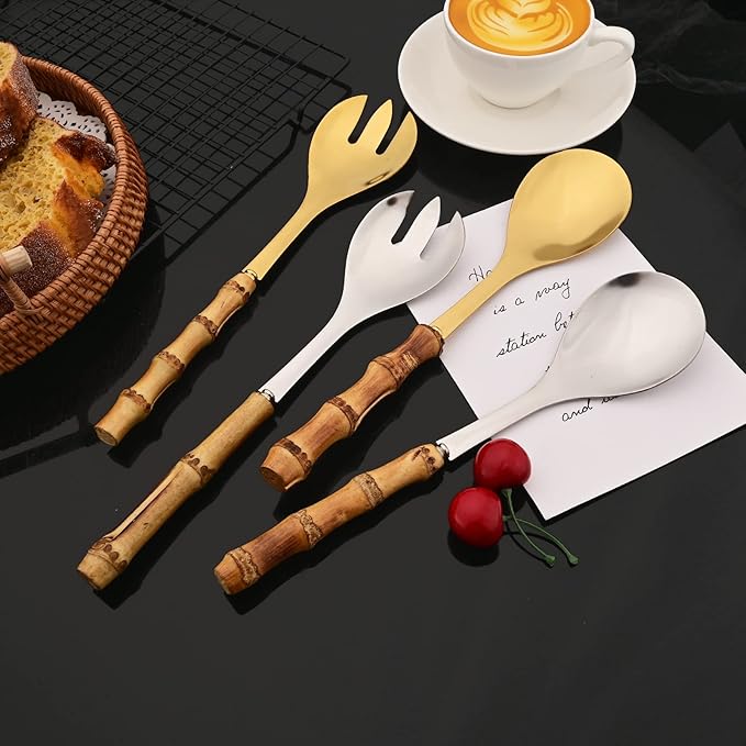 JASHII Bamboo Handle Utensils, 304 Stainless Steel Silverware Serving Spoons and Forks 4+4 Pieces, Hostess Serving Set for Buffet Party Kitchen Restaurant, Mirror & Dishwasher Safe - Silver