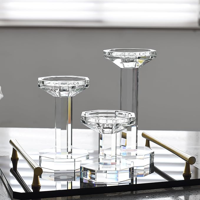 kitCom Crystal Candle Holders Set of 3, Crystal Candlestick Holders for Taper, Long Candles - Home Decoration, Wedding, Housewarming and Graduation Gifts