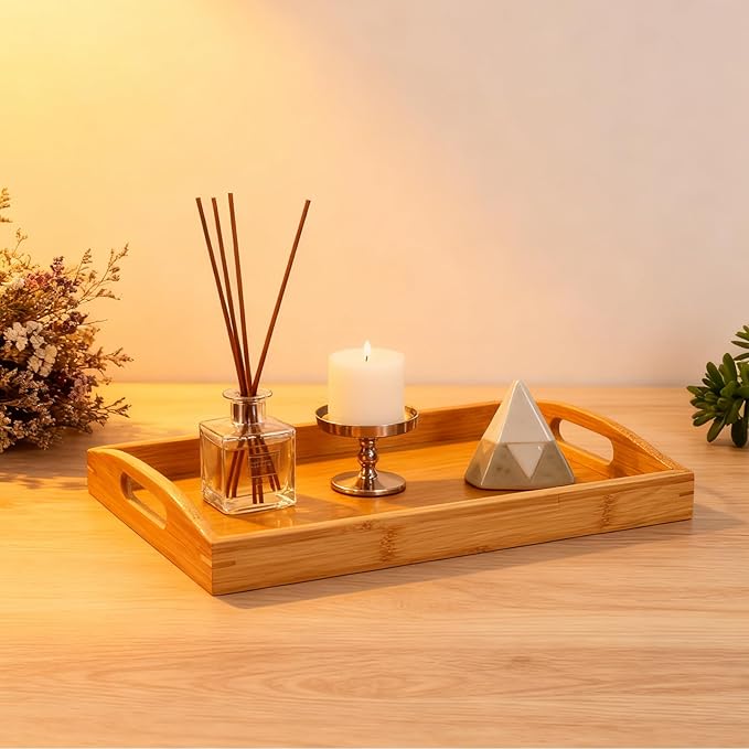 2 Pack Bamboo Serving Tray with Handles, Portable Bed Tray for Breakfast Dinner, Eating Trays for Living Room,Restaurants