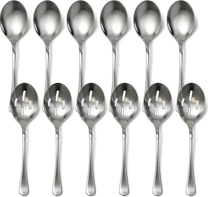 12 Pcs Stainless Steel Serving Spoon Set Including 6 Large Slotted Spoons 6 Serving Spoons Silver Utensils Cutlery Set for Kitchen Buffet Hot Pot Party, 9.9 Inch