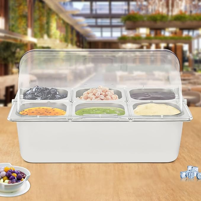 Ice Food Serving Display Tray, 3.59QT Stainless Steel Ice Serving Tray with Clear Roll Top Cover Condiment Dispenser Cooling Food Buffet Dishes