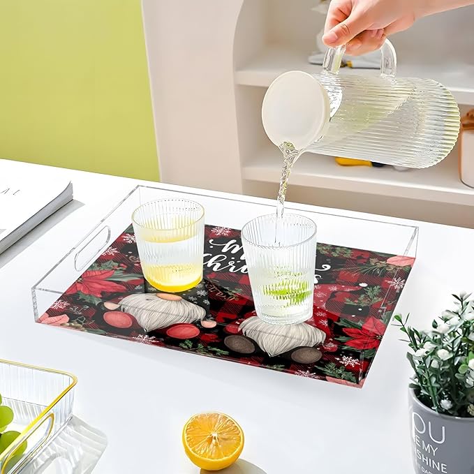 Serving Tray with Handles Clear Acrylic Tray 12x16 Inch Decorative Rectangular Tray Organizer for Ottoman Coffee Table Bathroom Red Black Checkered Christmas Gnomes Holly