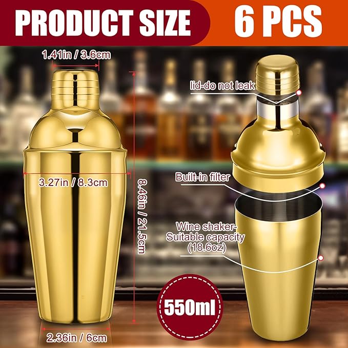 Nitial 6 Pcs Bar Cocktail Shaker Professional Stainless Steel Martini Drink Mixer Built-in Strainer for Bartending No Leaks Shaker for Bar Party Drink Mixer (Gold,18.6 oz)