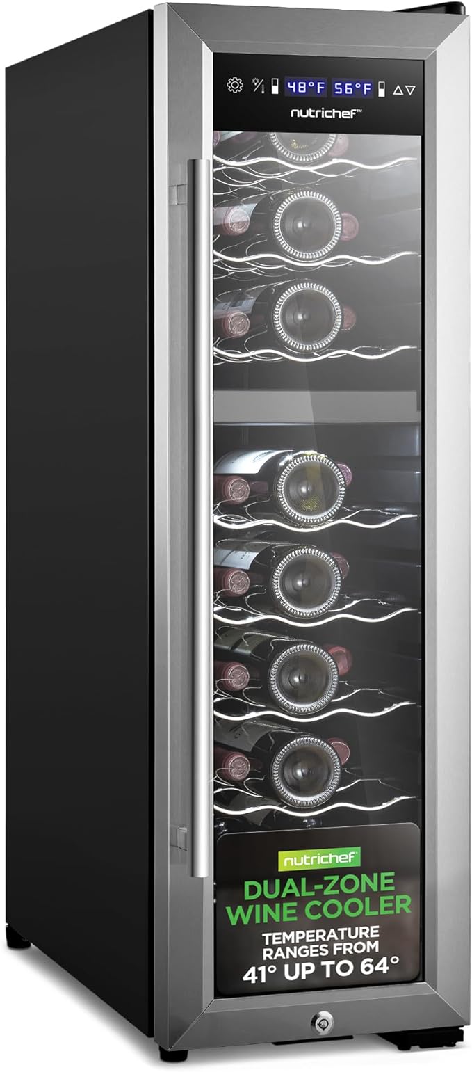 Nutrichef 24 Bottle Wine Fridge | Dual Zone Wine Chiller | Adjustable Temperature 41°F to 64°F | Ultra Quiet Operation | Wine Cooler For Home, & Office | Free Standing 39x11x23 IN (Black)