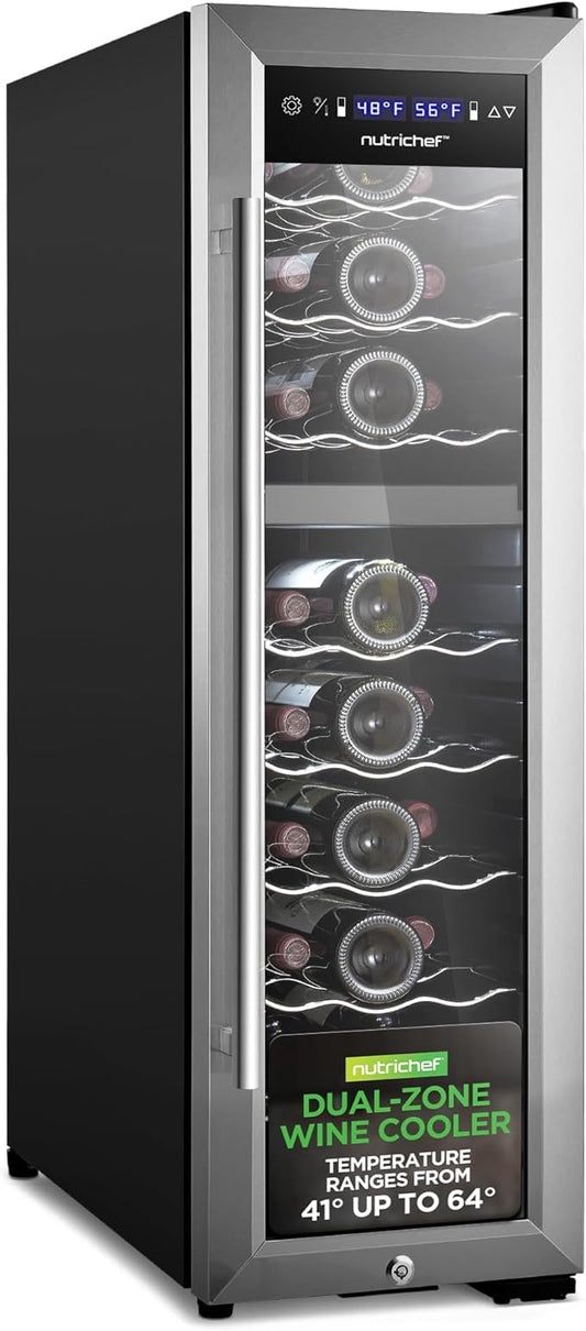 Nutrichef 24 Bottle Wine Fridge | Dual Zone Wine Chiller | Adjustable Temperature 41°F to 64°F | Ultra Quiet Operation | Wine Cooler For Home, & Office | Free Standing 39x11x23 IN (Black)