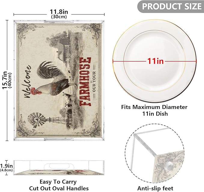 Serving Tray with Handles Clear Acrylic Tray 12x16 Inch Decorative Rectangular Tray Organizer for Ottoman Coffee Table Bathroom Rooster Farmhouse Cow