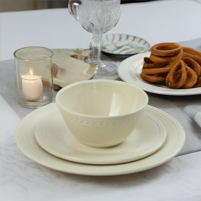 Cream Melamine Dinnerware Sets of 12 Pcs, BPA Free Dishes Set, Plates and Bowls Sets for Indoor Outdoor Dining on the Beach, RV, Camping Use,Lightweight Unbreakable Dishwasher Safe