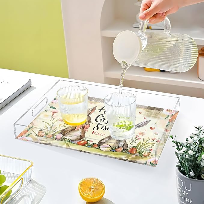 Serving Tray with Handles Clear Acrylic Tray 12x16 Inch Decorative Rectangular Tray Organizer for Ottoman Coffee Table Bathroom Happy Easter Bunny Carrot