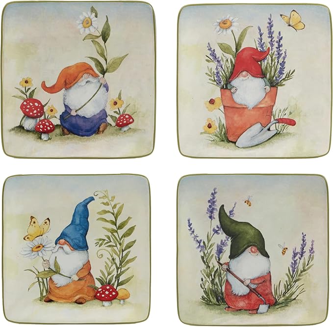 Certified International Garden Gnomes 6" Canape/Luncheon/Appetiser Plates, Assorted Designs, Small, Multicolor, Set of 4