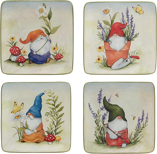 Certified International Garden Gnomes 6" Canape/Luncheon/Appetiser Plates, Assorted Designs, Small, Multicolor, Set of 4