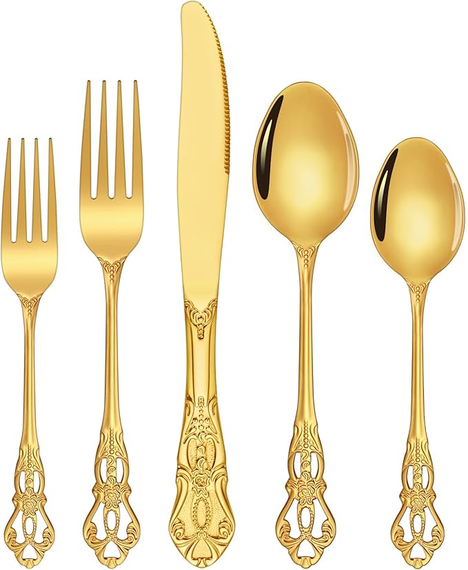 Gold Silverware Set, Ollex 60-piece Vintage Silverware Set for 12 with Stainless Steel Knives Spoons Forks Retro Royal Flatware Set for Dairy Kitchen Party Gold Utensils Set, Dishwasher Safe