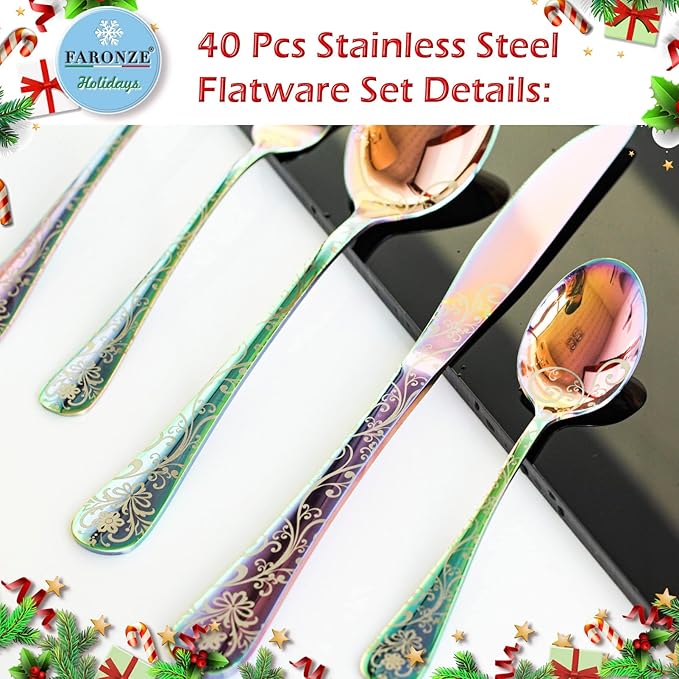 40 Pieces Stainless Steel Flatware Set for 8 People Knives Forks Spoons Set, Vintage Pattern Design, Mirror Polish and Dishwasher Safe (05-COLORFUL-SET 40)