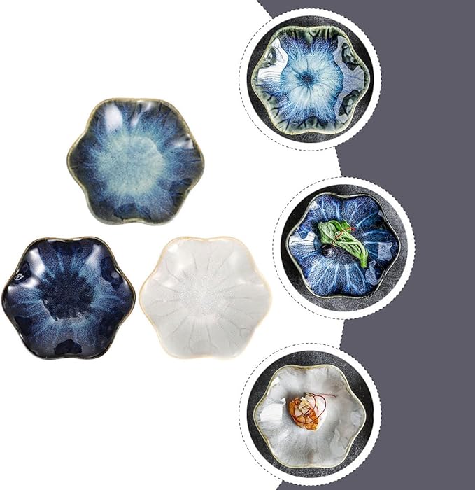 ARTIBETTER 3pcs Ceramic Seasoning Dishes Set with Lotus Leaf Design, Vinegar and Soy Sauce Plates, Assorted Blue Gradient, Original Rice, Vintage White for Appetizer Serving and Random Color