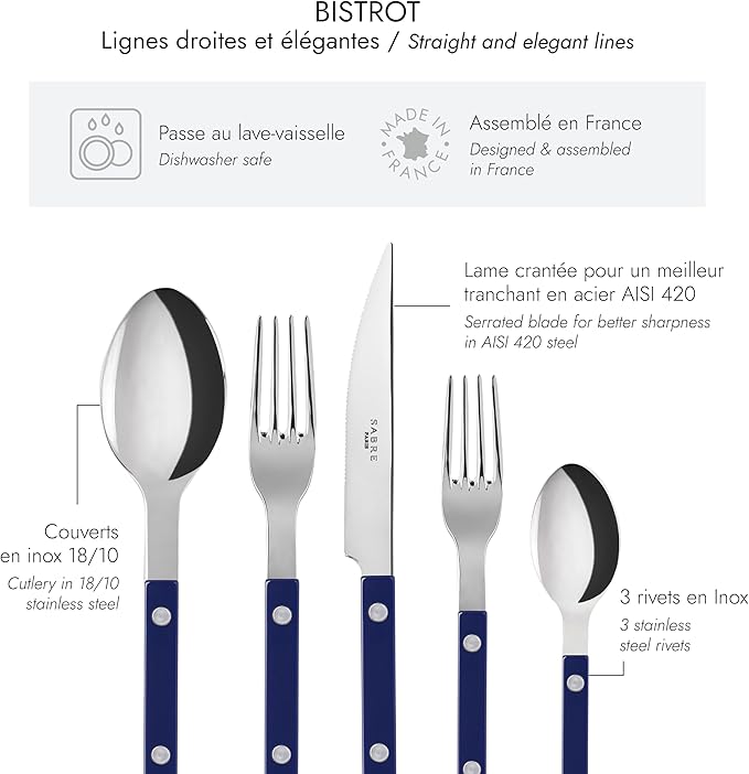 SABRE PARIS - 5-Piece Flatware Set - Bistrot Collection - Knife, Fork, Soup Spoon, Teaspoon & Dessert Fork - Stainless Steel & Nylon - Dishwasher Safe - Navy Blue - Brilliant Finish
