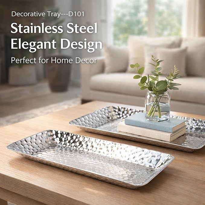 Stainless Steel Towel Tray Rectangular Serving Tray Silver 2PCS - Rustproof Durable Storage Organizer, Elegant Minimalist Design for Kitchen and Bathroom