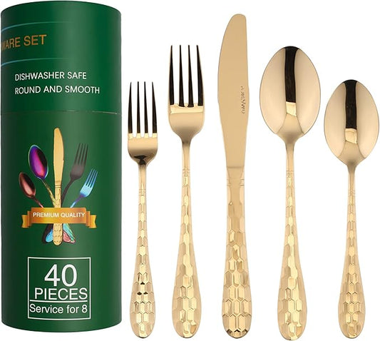 Gold Silverware Set for 8, 40-Piece Flatware Set Stainless Steel with Titanium Colorful Plated Cutlery Kitchen Utensil Flatware Set Service for 8, Knife/Fork/Spoon & Long Teaspoon/Salad Fork (Gold)