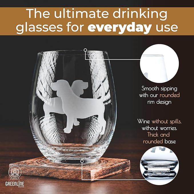 Beagle Stemless Wine Glasses (Set of 2) | Unique for Dog Lovers | Hand Etched with Breed Name on Bottom