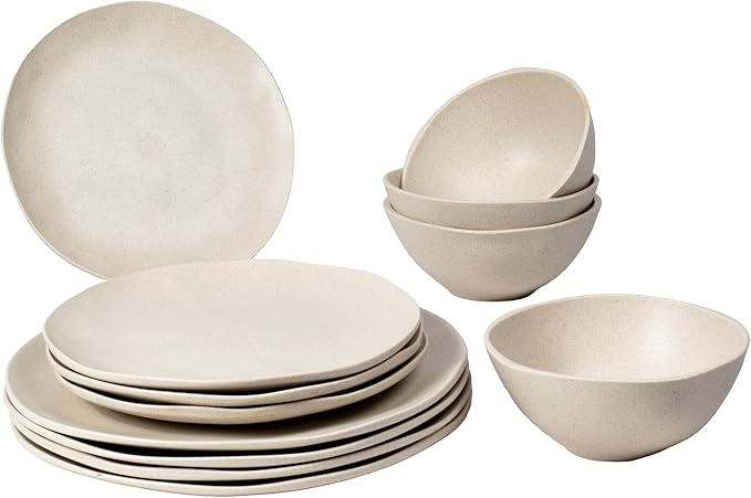 Organic Coupe Wheat PolyPro 12-Piece Dinnerware Set, Off-White