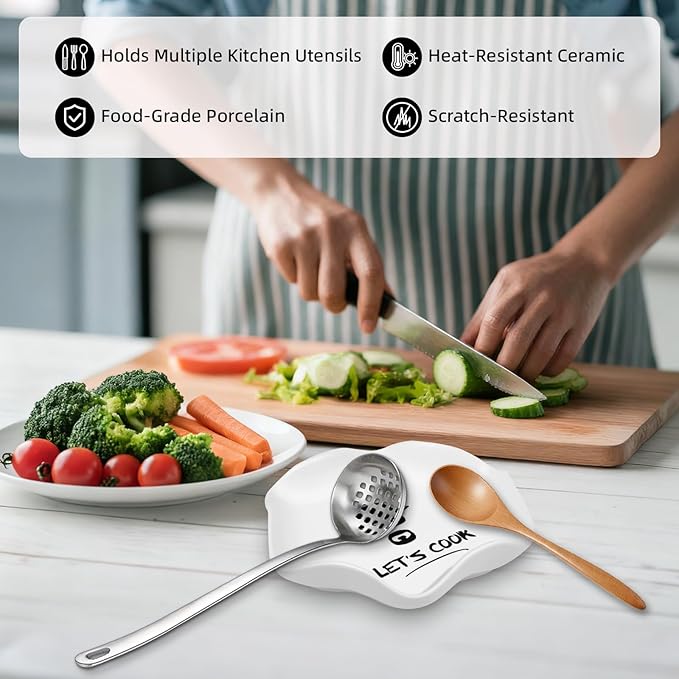 Funny Let's Cook Ceramic Spoon Rest for Kitchen Counter Stove Top, 5.8 Inch Heat-Resistant Utensil Holder for Cooking, Spoons, Ladles, Tongs, Cute Kitchen Decor, Housewarming Gift for Women Men