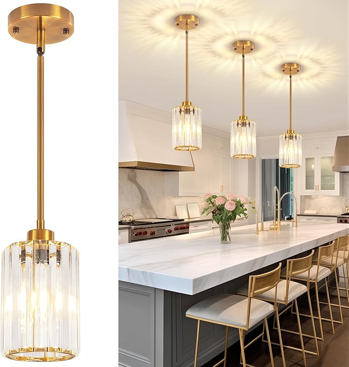 3 Pack Pendant Lights Kitchen Island, Modern Gold Crystal Pendant Light Fixtures Over Island, Mini Chandelier Hanging Pendant Lights for Kitchen Hallway Dining Room Bedroom