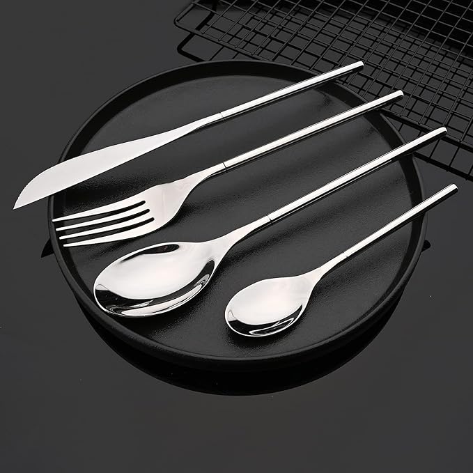 JASHII 304 Flatware Set Silver Silverware Set Mirror Polished 18/8 Stainless Steel Cutlery Set with Round Handle 24 Piece Wedding Housewarming Gift Service for 6