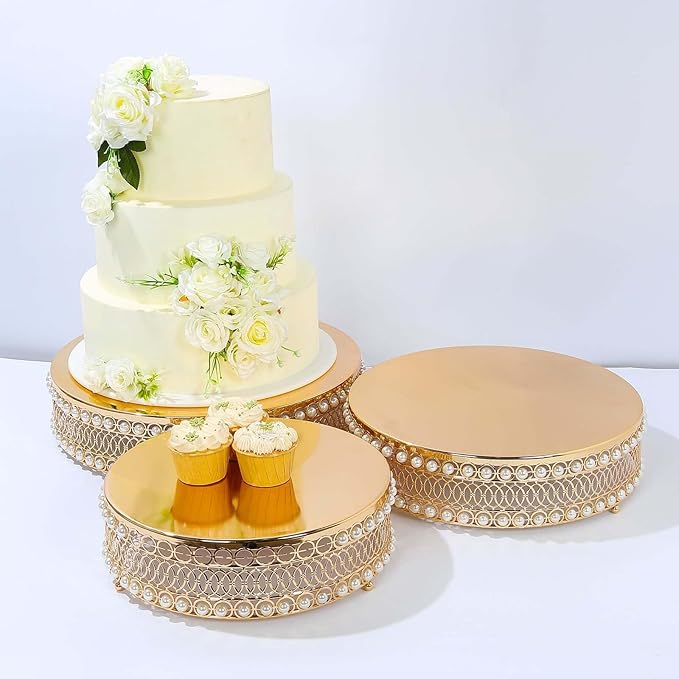 Efavormart Set of 3 Pearl Beaded Gold Metal Cake Stands with Mirror Top, Stackable Round Cupcake Holder Dessert Display Stands - 12",14",16"