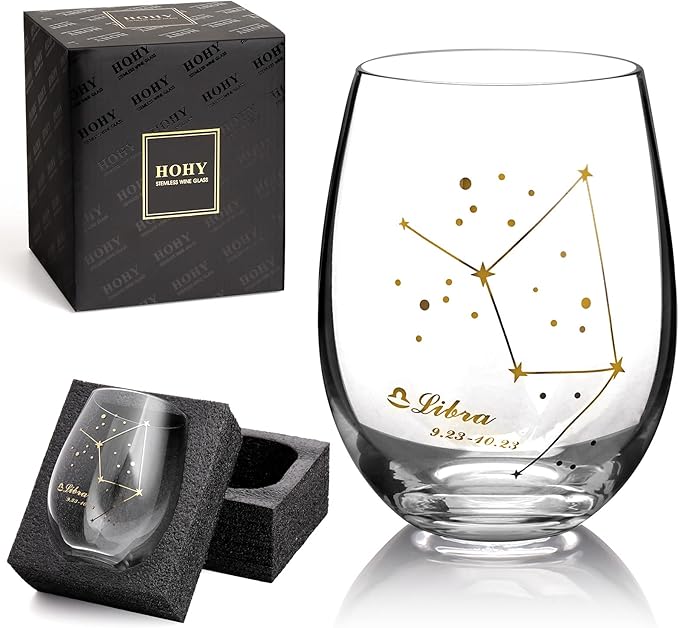 HOHY Libra Zodiac Wine Glass 20 Oz, Libra Zodiac Birthday Horoscope Gifts for Women, Birthday Wine Glass Astrology Constellation Christmas Gifts for Women, Constellation Wine Glasses Golden