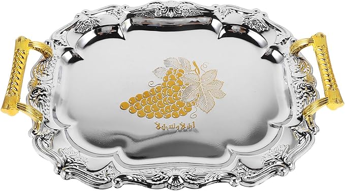 European Style Vintage Thickened Round Stainless Steel Serving Tray with Handles for Hotels Restaurants Home Dining Table Snack Fruit Food Platter