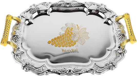 European Style Vintage Thickened Round Stainless Steel Serving Tray with Handles for Hotels Restaurants Home Dining Table Snack Fruit Food Platter