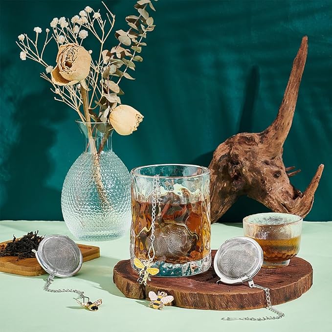UNICRAFTALE 3 Set Round Loose Leaf Tea Ball Mesh Strainer with Alloy Enamel Pendants - Stainless Steel, Shaped like Bees