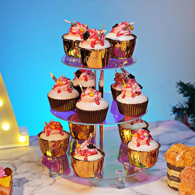 Acrylic Cupcake Stand, 3 Tier Round, Clear Dessert Tower Holder Display with Base for Baby Shower, Birthday Party,Wedding,Christmas,Reception (Rainbow Colors)