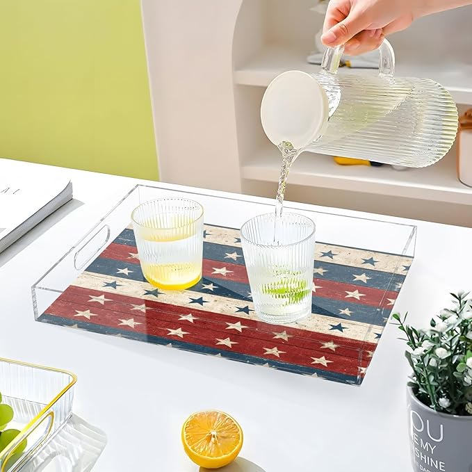Serving Tray with Handles Clear Acrylic Tray 12x16 Inch Decorative Rectangular Tray Organizer for Ottoman Coffee Table Bathroom Red and Blue Stars Independence Day