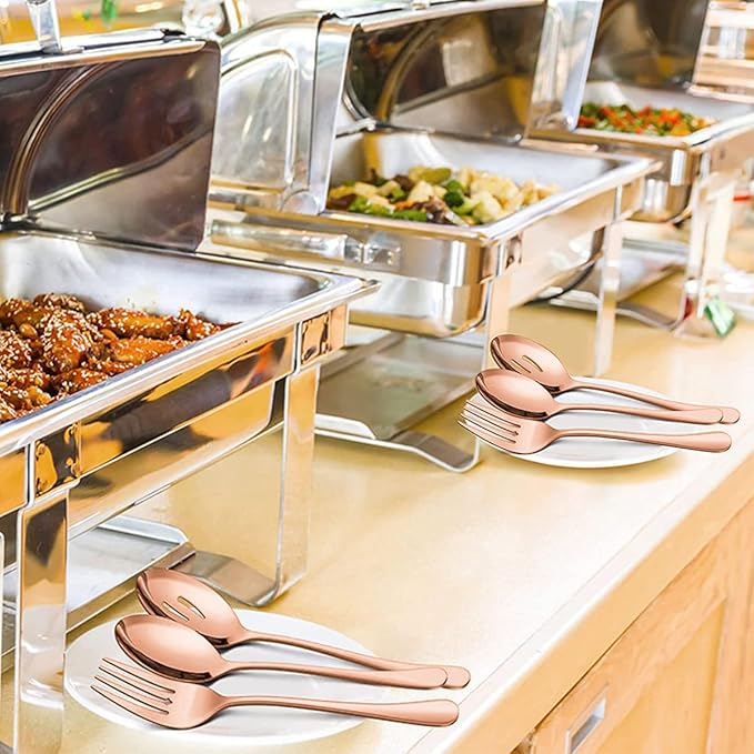Silverware Sets, Includes 2 Serving Spoon,2 Slotted Serving Spoon, 2 Serving Fork, Stainless Steel Serving Spoons for Parties,Buffet Serving Utensils Set (Rose Gold)