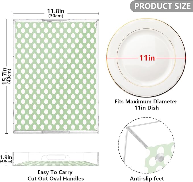 Serving Tray with Handles Clear Acrylic Tray 12x16 Inch Decorative Rectangular Tray Organizer for Ottoman Coffee Table Bathroom Polka Dots Green