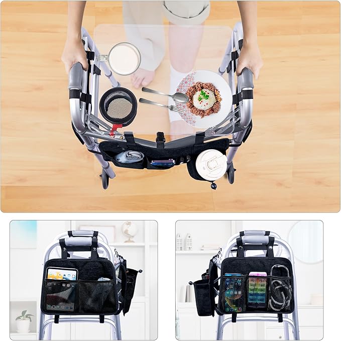 BAGSFY Clear View Walker Tray with Cup Holder & Front, Side Pockets, Transparent Folding Walker Table for Seniors, 8.8lbs Load-Bearing Sturdy PP Tray, Universal Fit Walker Accessory for Elderly