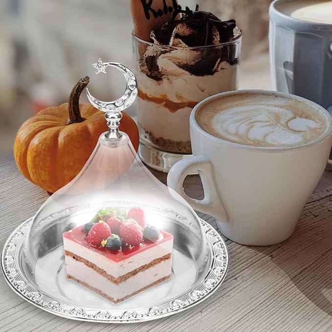Zerodeko Eid Mubarak Cake Stand with Dome Lid Ramadan Cake Plate with Acrylic Cover Metal Muslim Dessert Holder Serving Tray for Eid Mubarak Party, 17x17cm, Silver, E191567BN3