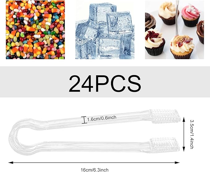 24pcs Plastic Tongs For Serving, Plastic Buffet Serving Tongs Mini Serving Tongs, Disposable Small Clear Tong for Party Candy Bar Ice Sugar（6.3 Inch）