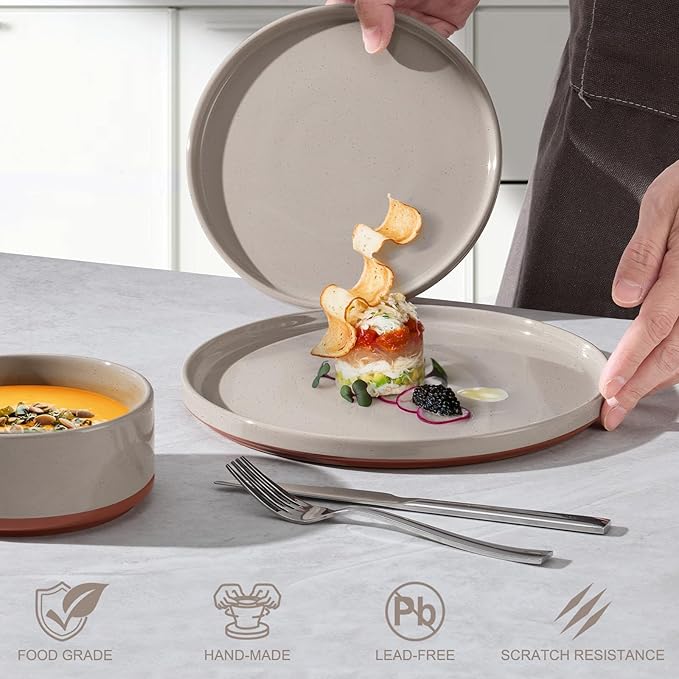 LIANYU Stoneware Dinnerware Sets Service for 4, 12 PCS Plates and Bowls Sets, Handmade Ceramic Dish Set, Highly Chip and Crack Resistant Modern Plate Set, Terra Brown