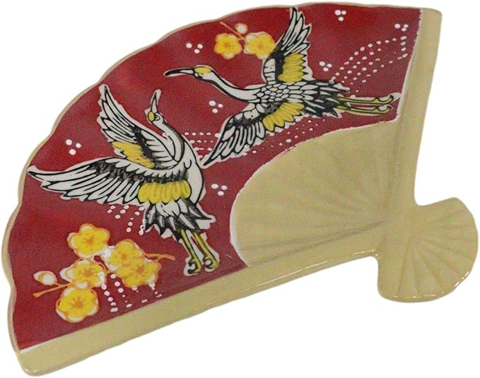 Ebros Pack Of 4 Colorful Oriental Folding Fan Shaped Appetizer Sushi Dessert Serving Dish Plates Decorative Artistic Dinner Lunch Serveware Plate Set (Red Flying Cranes With Cherry Blossoms)