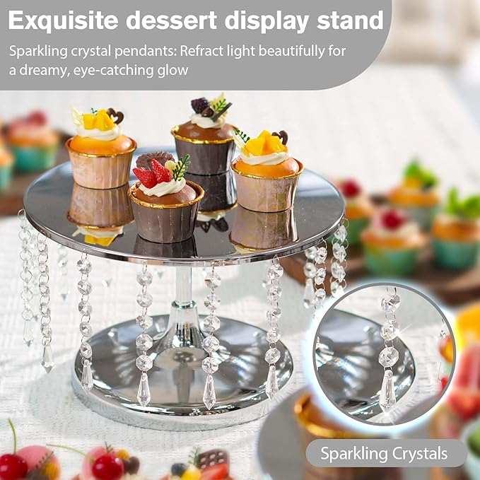 2 Pcs Silver Metal Mirror Cake Stand Set with Crystal Pendants - 11.8"W Elegant Dessert Table Display for Weddings, Birthday Parties, Baby Showers, Events - Sturdy Crystal Bling Cupcake Stands for Pastries, Sweets, Decorations