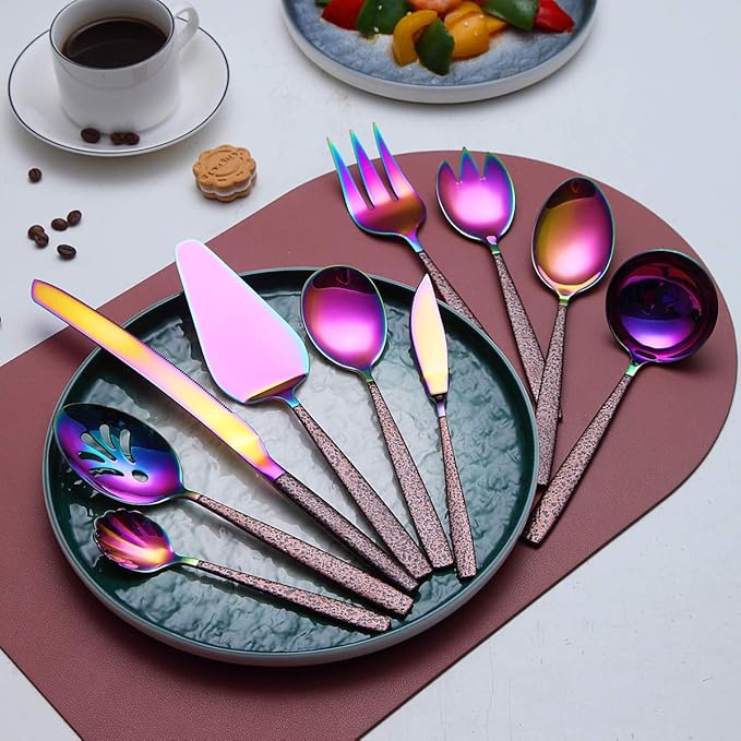 Berglander Silverware Serving Set 10 Pieces With Moon Surface Handle And Shiny Rainbow Mouth Titanium Plating, Stainless Steel Modern Colorful Flatware Serving Set Serving Spoons Serving Utensils