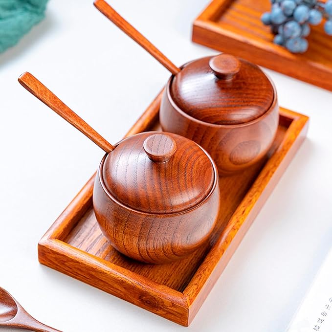 Hapivida 2Pcs Wood Spice Box, Salt Cellar with Lid and Spoon Salt Box Spice Jar Sugar Bowl Pepper Seasoning Container Holder