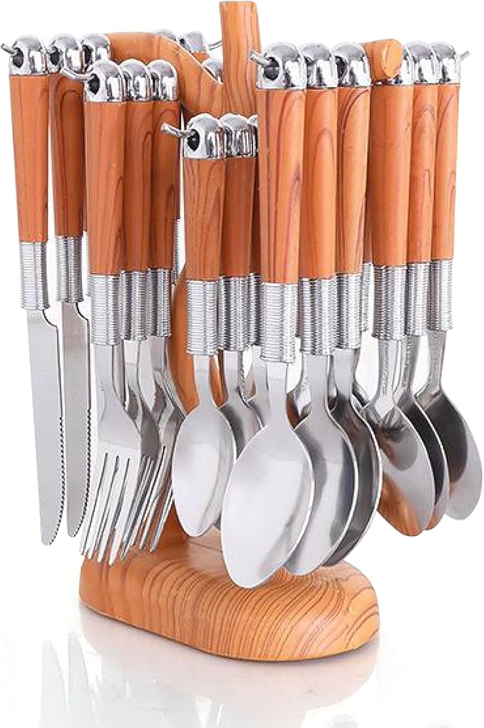 24 Pcs Stainless Steel Cutlery Set with Cutlery Rack, Eating Tableware Set Service for 6, Durable Flatware Set for 6 Includes Knifes, Forks & Spoons for Kitchen and Home