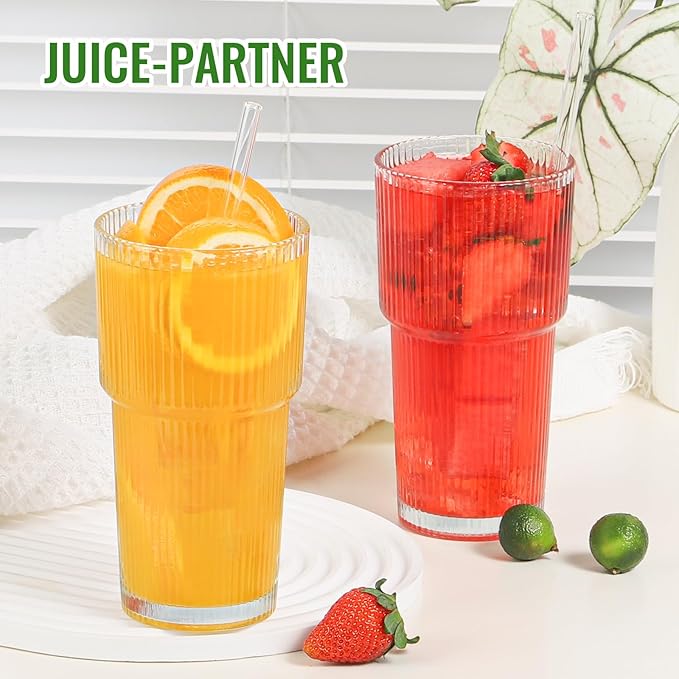 CWHHRN 20 oz Glass Cup and Straw 3 Set, Glass Tumbler with Straw, Vintage Glassware for Whiskey Cocktail Beer, Iced Coffee Cups (3 PACK)