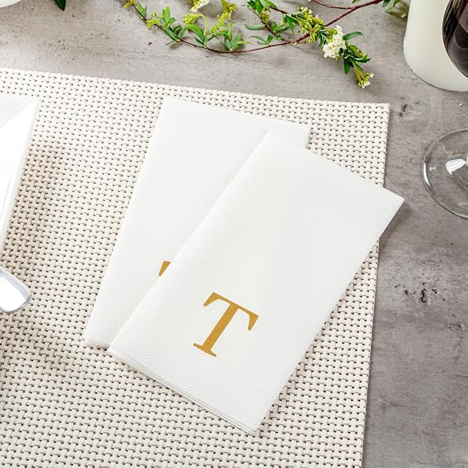 Luxenap 15.8 X 7.9 Inch Linen-Feel Guest Towels, 50 Lettered Hand Towels - Gold Letter 'T', Sans Serif Font, White Paper Dinner Napkins, airlaid, For Restrooms And Tables