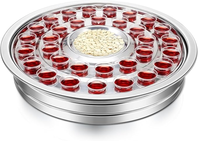 LemonRoad 1 Pcs Holy Communion Trays House up 32 Cups Tary Church Supplies Stainless Steel Portable Communion Plates Set for Churches Chapels Ware Sets (Sliver)