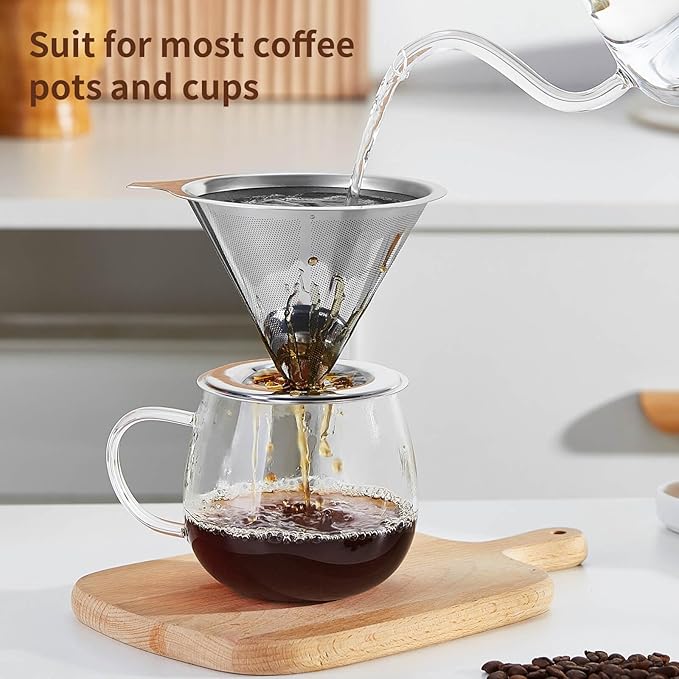 Pour Over Coffee Dripper, Fine Mesh Double Layer Stainless Steel Coffee Filter, Metal Cone Pour Over Coffee Filter Single Cup Coffee Maker 1-2 Cup
